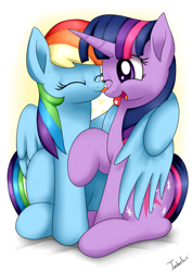 Size: 2480x3507 | Tagged: safe, artist:twidasher, character:rainbow dash, character:twilight sparkle, species:pegasus, species:pony, species:unicorn, ship:twidash, eyes closed, female, lesbian, licking, mare, one eye closed, open mouth, shipping, simple background, sitting, smiling, tongue out