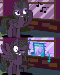 Size: 640x800 | Tagged: safe, artist:herooftime1000, oc, oc:bittersweet nocturne, comic, music notes, nightclub, noise, octavia in the underworld's cello, pixel art