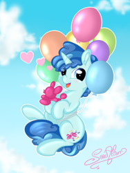 Size: 3000x4000 | Tagged: safe, artist:saralien, character:party favor, species:pony, species:unicorn, balloon, balloon animal, blushing, cute, favorbetes, floating, happy, high res, male, open mouth, sky, solo