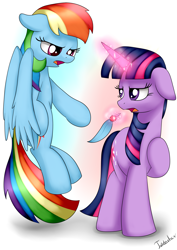 Size: 2480x3507 | Tagged: safe, artist:twidasher, character:rainbow dash, character:twilight sparkle, species:pegasus, species:pony, species:unicorn, ship:twidash, argument, feather, female, glowing horn, lesbian, magic, mare, shipping, simple background, white background