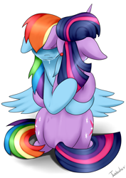 Size: 2480x3507 | Tagged: safe, artist:twidasher, character:rainbow dash, character:twilight sparkle, species:pegasus, species:pony, species:unicorn, ship:twidash, comforting, comforting twilight, crying, eyes closed, female, floppy ears, hug, lesbian, shipping