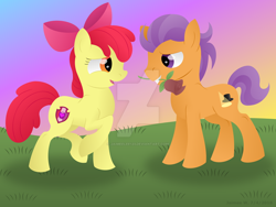 Size: 1024x768 | Tagged: safe, artist:lavenderrain24, character:apple bloom, character:tender taps, ship:tenderbloom, female, male, shipping, straight, watermark