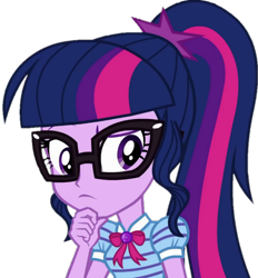 Size: 959x1032 | Tagged: safe, artist:thebarsection, character:twilight sparkle, character:twilight sparkle (scitwi), species:eqg human, g4, my little pony: equestria girls, my little pony:equestria girls, clothing, female, glasses, simple background, solo, thinking, transparent background