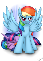 Size: 2480x3507 | Tagged: safe, artist:twidasher, character:rainbow dash, character:twilight sparkle, species:pegasus, species:pony, ship:twidash, female, lesbian, protecting, shipping