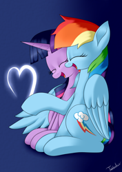 Size: 2480x3507 | Tagged: safe, artist:twidasher, character:rainbow dash, character:twilight sparkle, species:pegasus, species:pony, species:unicorn, ship:twidash, cuddling, eyes closed, female, heart, lesbian, mare, open mouth, shipping