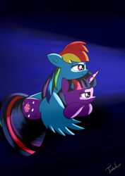 Size: 2480x3507 | Tagged: safe, artist:twidasher, character:rainbow dash, character:twilight sparkle, species:pegasus, species:pony, ship:twidash, female, hug, lesbian, shipping, winghug