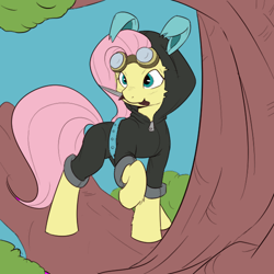 Size: 500x500 | Tagged: safe, artist:jalm, artist:tytan, character:fluttershy, species:pegasus, species:pony, bunny ears, clothing, color edit, dangerous mission outfit, female, fluffy, goggles, hoodie, knife, mare, solo, tree, tree branch