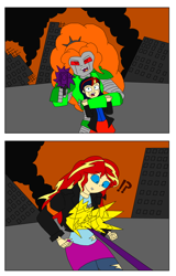 Size: 1024x1603 | Tagged: safe, artist:brandon-vortex, artist:crydius, character:adagio dazzle, character:sunset shimmer, oc, oc:gamma, parent:sci-twi, parent:sunset shimmer, parents:scitwishimmer, equestria girls:rainbow rocks, g4, my little pony: equestria girls, my little pony:equestria girls, android, burning, city, clothing, crossover, destruction, exclamation point, female, gun, gunfight, gunshot, headband, hostage, implied lesbian, jacket, leather jacket, magical lesbian spawn, magical science spawn, offspring, pants, pantyhose, question mark, ripped pantyhose, scared, scientific lesbian spawn, shirt, shot, skirt, skyscraper, the transformers: the movie, transformers, uniform, weapon