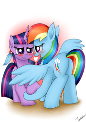 Size: 2480x3507 | Tagged: safe, artist:twidasher, character:rainbow dash, character:twilight sparkle, species:pegasus, species:pony, species:unicorn, ship:twidash, blushing, female, heart, lesbian, looking at each other, mare, shipping, simple background, smiling, white background