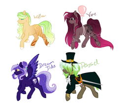 Size: 1024x871 | Tagged: safe, artist:kimyowolf, oc, oc only, oc:denzel, oc:dream tide, oc:vine, oc:willow, species:earth pony, species:pegasus, species:pony, cloak, clothing, female, hat, male, mare, simple background, stallion, top hat, transparent background