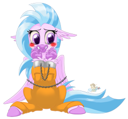 Size: 853x800 | Tagged: safe, artist:unisoleil, character:silverstream, species:classical hippogriff, species:hippogriff, episode:school daze, g4, my little pony: friendship is magic, blushing, bound wings, chains, clothing, criminal, cuffs, female, prison outfit, simple background, sitting, solo, transparent background