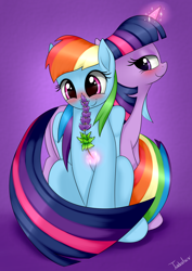 Size: 2480x3507 | Tagged: safe, artist:twidasher, character:rainbow dash, character:twilight sparkle, species:pegasus, species:pony, species:unicorn, ship:twidash, blushing, female, flower, glowing horn, lesbian, magic, mare, shipping, smiling