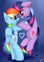 Size: 2480x3507 | Tagged: safe, artist:twidasher, character:rainbow dash, character:twilight sparkle, species:pegasus, species:pony, species:unicorn, ship:twidash, blushing, crying, female, lesbian, looking at each other, mare, shipping, smiling, tears of joy