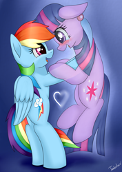Size: 2480x3507 | Tagged: safe, alternate version, artist:twidasher, character:rainbow dash, character:twilight sparkle, species:pegasus, species:pony, species:unicorn, ship:twidash, blushing, crying, female, ghost, heart, lesbian, looking at each other, shipping