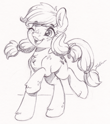 Size: 1949x2192 | Tagged: safe, artist:faline-art, character:applejack, species:earth pony, species:pony, alternate hairstyle, bucktooth, cute, female, filly, freckles, happy, jackabetes, monochrome, one eye closed, open mouth, pigtails, smiling, solo, traditional art