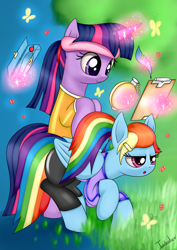 Size: 2480x3507 | Tagged: safe, artist:twidasher, character:rainbow dash, character:twilight sparkle, species:pegasus, species:pony, species:unicorn, ship:twidash, alternate hairstyle, clipboard, clothing, exercise, female, glowing horn, lesbian, magic, mare, shipping, smiling, stopwatch