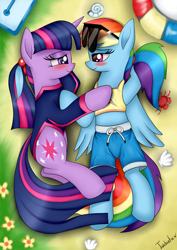 Size: 2480x3507 | Tagged: safe, artist:twidasher, character:rainbow dash, character:twilight sparkle, character:twilight sparkle (unicorn), species:pegasus, species:pony, species:unicorn, ship:twidash, blushing, board shorts, clothing, eye contact, feather, female, lesbian, looking at each other, mare, shipping, shorts, sports shorts, sunglasses, tank top