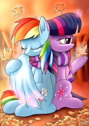 Size: 2480x3507 | Tagged: safe, artist:twidasher, character:rainbow dash, character:twilight sparkle, species:pegasus, species:pony, species:unicorn, ship:twidash, autumn, clothing, eyes closed, female, leaf, leaves, lesbian, mare, scarf, shared clothing, shared scarf, shipping, smiling
