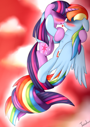 Size: 2480x3507 | Tagged: safe, artist:twidasher, character:rainbow dash, character:twilight sparkle, species:pegasus, species:pony, species:unicorn, ship:twidash, blushing, female, floppy ears, intertwined tails, lesbian, mare, shipping, smiling