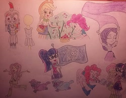 Size: 1174x920 | Tagged: safe, artist:jebens1, character:applejack, character:fluttershy, character:pinkie pie, character:rainbow dash, character:rarity, character:twilight sparkle, character:twilight sparkle (scitwi), species:eqg human, species:sheep, episode:the crystal empire, g4, my little pony: friendship is magic, my little pony:equestria girls, armor, armor skirt, belt, boots, clothing, cowboy hat, cute, denim skirt, equestria girls interpretation, fabric, flag, flugelhorn, freckles, glasses, hat, helmet, high heel boots, humane five, humane six, ponytail, scene interpretation, shoes, skirt, socks, stetson, the ballad of the crystal empire, tiny ewes, traditional art