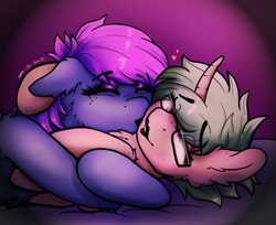 Size: 2225x1817 | Tagged: safe, artist:aaa-its-spook, oc, oc only, oc:hooters, oc:spook, species:bat pony, species:pony, species:unicorn, chest fluff, curved horn, eyes closed, eyeshadow, female, fluffy, freckles, glasses, kissing, lesbian, lipstick, makeup, oc x oc, shipping, snuggling