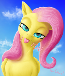 Size: 1282x1500 | Tagged: safe, artist:the1xeno1, character:fluttershy, species:pegasus, species:pony, bedroom eyes, cloud, female, lidded eyes, looking at you, mare, sky, solo, tongue out