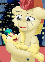 Size: 1400x1920 | Tagged: safe, artist:h3nger, oc, oc:apogee, oc:jet stream, species:pegasus, species:pony, baby, crying, fanfic, fanfic art, father and daughter, female, freckles, male, sad, smiling, stallion, text, younger