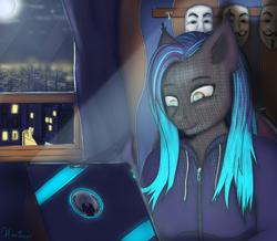 Size: 4578x4000 | Tagged: safe, artist:mintjuice, oc, oc:dawn sentry, species:anthro, species:bat pony, anonymous, anthro oc, bat pony oc, city, clothing, commission, computer, curtains, female, guy fawkes mask, hack, hacker, hacking, hoodie, laptop computer, moon, night, solo, window, ych result