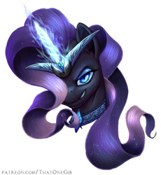 Size: 900x977 | Tagged: safe, artist:thatonegib, character:nightmare rarity, character:rarity, species:pony, species:unicorn, bust, collar, female, flowing mane, glowing horn, jewelry, looking at you, mare, necklace, patreon link, portrait, simple background, solo, transparent background