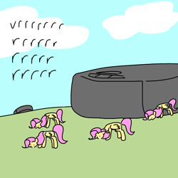 Size: 2000x2000 | Tagged: safe, artist:pencilbrony, character:fluttershy, species:pegasus, species:pony, dialogue, female, flock, grazing, herbivore, herd, horses doing horse things, mare, multeity, onomatopoeia, role reversal, roomba, roombashy, so much flutter, tiny ponies, vrrr, wat
