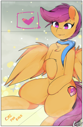 Size: 3600x5500 | Tagged: safe, artist:enryuuchan, character:scootaloo, species:pegasus, species:pony, absurd resolution, chest fluff, clothing, cute, cutealoo, cutie mark, female, filly, heart, scarf, smiling, solo, the cmc's cutie marks, tongue out, wing fluff
