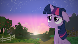 Size: 13338x7504 | Tagged: safe, artist:tim015, character:twilight sparkle, absurd resolution, apple tree, female, ponyville, sad, solo, tree, vector