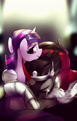 Size: 2251x3508 | Tagged: safe, artist:tingsan, character:king sombra, character:twilight sparkle, ship:twibra, crying, curved horn, fanfic, fanfic art, female, hug, male, shipping, smiling, straight, villains touching twilight