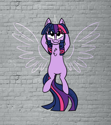 Size: 800x897 | Tagged: safe, artist:pink-pone, edit, character:twilight sparkle, species:earth pony, species:pony, species:unicorn, g5 leak, arm behind head, chalk drawing, chest fluff, earth pony twilight, female, solo, twilight sparkle (g5), wall, wings
