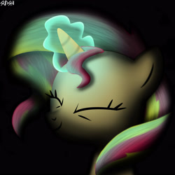 Size: 4000x4000 | Tagged: safe, artist:sunshi, character:sunset shimmer, species:pony, species:unicorn, absurd resolution, black background, eyes closed, female, mare, simple background, smiling, solo