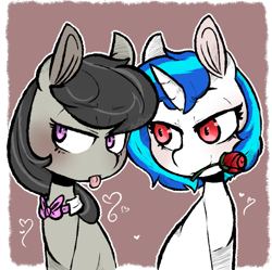 Size: 805x802 | Tagged: safe, artist:urbanqhoul, character:dj pon-3, character:octavia melody, character:vinyl scratch, species:earth pony, species:pony, species:unicorn, ship:scratchtavia, blushing, cute, female, flower, lesbian, looking away, mare, rose, shipping, tongue out