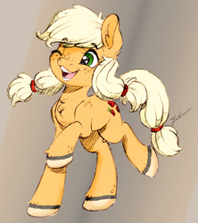 Size: 1489x1676 | Tagged: safe, artist:faline-art, edit, character:applejack, species:earth pony, species:pony, alternate hairstyle, bucktooth, color, color edit, colored, cute, female, filly, freckles, happy, jackabetes, one eye closed, open mouth, pigtails, simple background, smiling, solo, teenage applejack, teenager, traditional art, wip