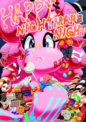 Size: 905x1280 | Tagged: safe, artist:theobrobine, character:pinkie pie, species:anthro, species:pony, bust, candy, cute, diapinkes, female, food, full mouth, halloween, holiday, looking at you, mare, portrait, solo