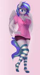 Size: 1364x2569 | Tagged: safe, artist:tangomangoes, oc, oc only, oc:storm feather, species:anthro, species:pegasus, species:plantigrade anthro, species:pony, anthro oc, clothing, female, mare, rule 63, shirt, shorts, socks, solo, stockings, striped socks, thigh highs