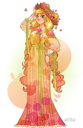 Size: 906x1400 | Tagged: safe, artist:flying-fox, character:applejack, species:human, beautiful, clothing, dress, eyeshadow, female, flower, hat, humanized, makeup, solo