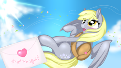 Size: 2560x1440 | Tagged: safe, artist:saralien, character:derpy hooves, species:pegasus, species:pony, bag, blushing, cloud, crepuscular rays, ear fluff, eye clipping through hair, female, flying, heart, letter, mail, mailbag, mailmare, mare, open mouth, sky, smiling, solo, spread wings, upside down, wings