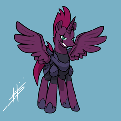 Size: 1280x1280 | Tagged: safe, artist:pencilbrony, character:tempest shadow, species:alicorn, species:pony, alicornified, blue background, evil grin, eye scar, female, grin, mare, race swap, scar, signature, simple background, smiling, solo, spread wings, tempest gets her horn back, tempest gets her wings back, tempest now has a true horn, tempesticorn, wings