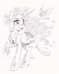 Size: 2140x2683 | Tagged: safe, artist:faline-art, character:nightmare moon, character:princess luna, species:alicorn, species:bat, species:pony, female, flying, grayscale, mare, monochrome, simple background, sketch, smiling, traditional art, white background
