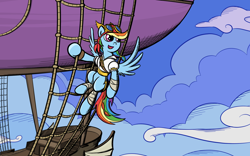 Size: 1920x1200 | Tagged: safe, artist:sirvalter, character:rainbow dash, species:pegasus, species:pony, airship, alternate hairstyle, clothing, female, goggles, mare, pirate, pirate dash, sky pirate, smiling, solo