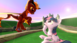 Size: 1280x720 | Tagged: safe, artist:johnnyxluna, character:twilight sparkle, character:twilight sparkle (alicorn), species:alicorn, species:dracony, species:dragon, species:pony, 3d, flame the dragon, flying in place, hybrid, smiling, source filmmaker, spyro the dragon, surprised