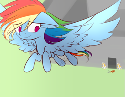 Size: 1241x961 | Tagged: safe, artist:snowbunny0820, character:rainbow dash, species:pony, commission, eye clipping through hair, flying, free, freedom, good end, grass, hair over one eye, prison, prisoner rd, royal guard, signature, smiling