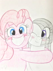 Size: 2448x3264 | Tagged: safe, artist:theobrobine, character:marble pie, character:pinkie pie, species:pony, blushing, female, hug, looking at you, mare, one eye closed, pie sisters, pie twins, siblings, sisters, smiling, traditional art, twins