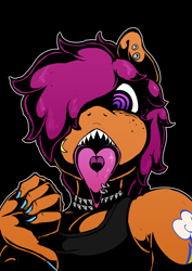 Size: 1024x1449 | Tagged: safe, artist:theobrobine, character:scootaloo, species:anthro, species:pegasus, species:pony, choker, clothing, ear piercing, female, open mouth, piercing, sharp teeth, simple background, solo, swirly eyes, tattoo, teeth, thumbs down, tongue out, tongue piercing