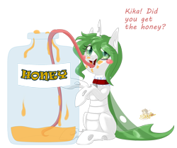 Size: 956x800 | Tagged: safe, artist:unisoleil, oc, oc:kika, species:changeling, albino changeling, dialogue, female, food, green changeling, honey, impossibly long tongue, jar, long tongue, simple background, solo, tongue out, transparent background