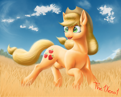 Size: 1500x1200 | Tagged: safe, artist:the1xeno1, character:applejack, species:earth pony, species:pony, blue sky, clothing, cloud, cowboy hat, cutie mark, female, field, hat, mare, scenery, signature, smiling, solo, stetson, trotting